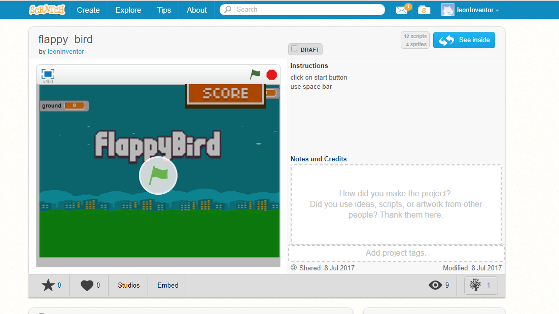 Flappy parrot, Web-browser, Scratch
